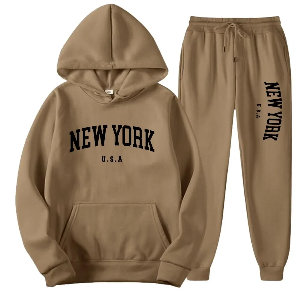 Men Women New York U.S.A City Hoodies Sets Fashion Letter Printed Graphic Sweatshirts Loose Casual Harajuku Hooded+Pants Pullove