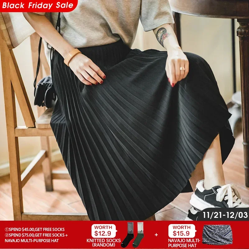 Maden Vintage High Waist A-line Pleated Skirts Korean Fashion Casual Commuter Black Long Skirt Solid Color Luxury  Bottoms