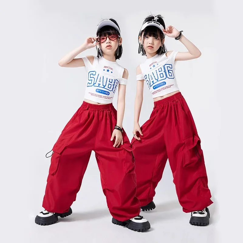 Kid Hip Hop Clothing White Double Shoulder Crop Tank Top Wine Red Casual Jogger Cargo Pants for Girl Jazz Dance Costumes Clothes