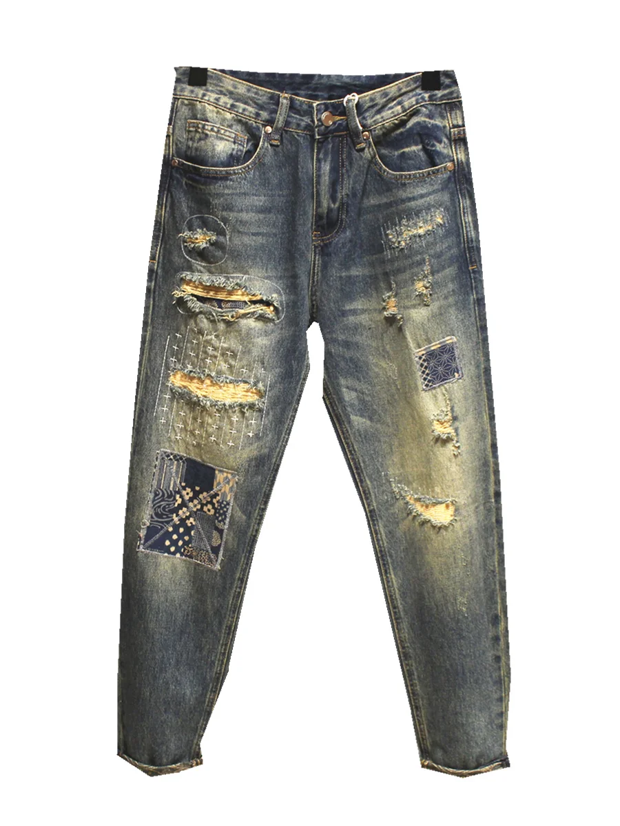 Jean rétro américain Patchwork pour hommes, ample, jambe droite, pantalon de mendiant Harlan, automne hiver, tendance, Denim
