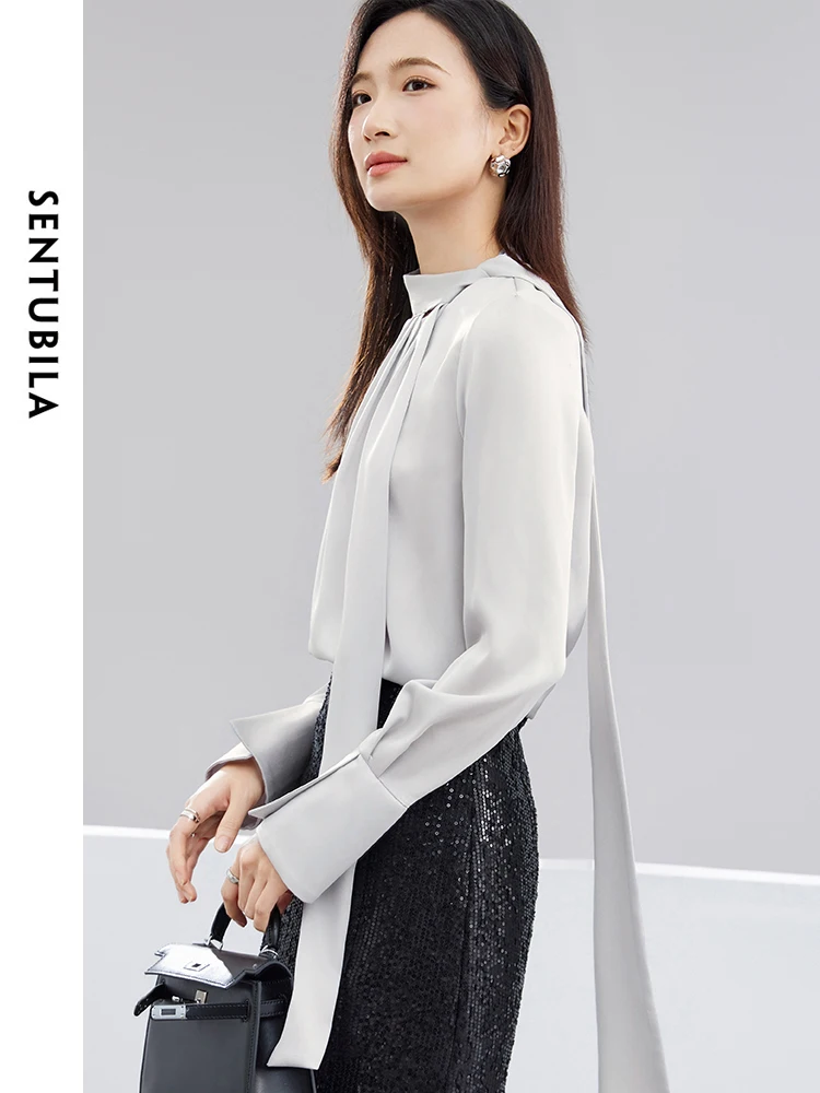 SENTUBILA Elegant Chiffon Blouse for Woman 2024 Spring Bow Tie Neck Long Sleeve Tops Office Ladies Shirts & Blouses 141V52891