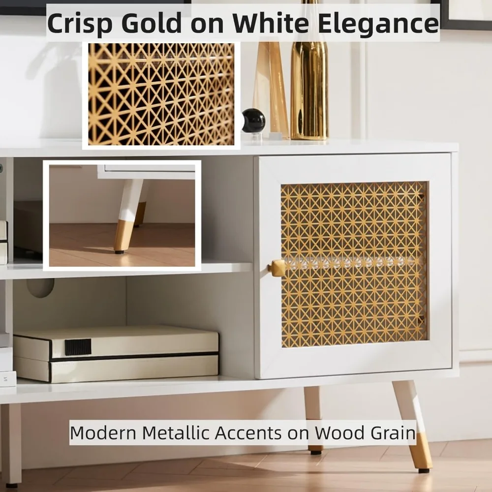 حامل تلفزيون أبيض حديث لغرفة المعيشة - مركز ترفيهي مع مساحة تخزين، وحدة تحكم وسائط على طراز بوهو مخدد #5