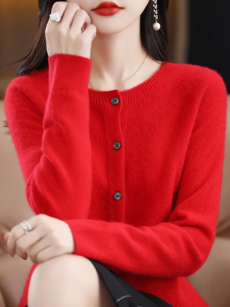 Long Sleeve 100% Merino Wool Sweaters Spring Autumn Women O-Neck Knitwear Tops Clothing Fashion Basic Tops