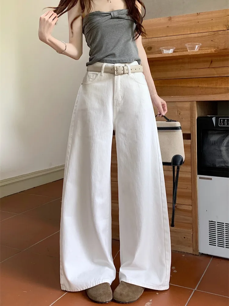 

High Waist Loose Fit White Denim Jeans Women's Spring Versatile Slimming Drapey Wide Leg Pants Casual Style Washed Effect