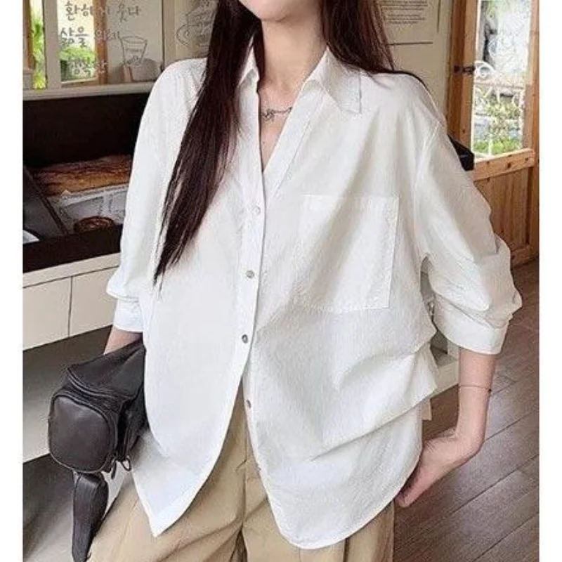 

Модная хлопковая блузка для женщин, повседневная одежда, новинка весна-лето, с V-образным вырезом, рукавами-фонариками, свободная, с длинным рукавом, универсальная рубашка