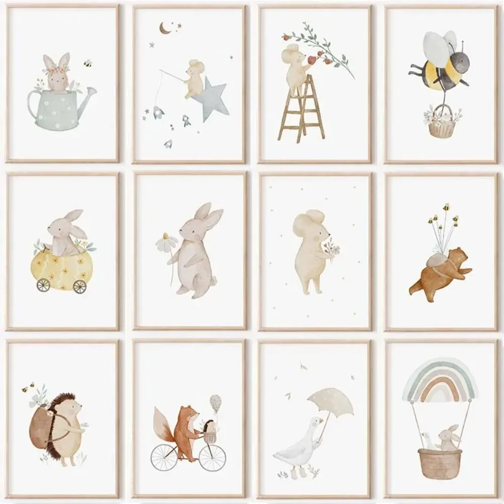 1pc frameless Canvas Painting Frameless Boho Cartoon Farm Art Canvas Painting Rabbit Fox Bear Bee Mouse Flower Posters Print Pic