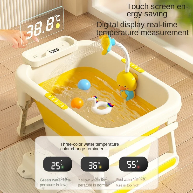 Temperature Display Baby Bathtub with Cushion Support Foldable Bath Bucket Silicone for Shower At Travling or Bathroom Portable