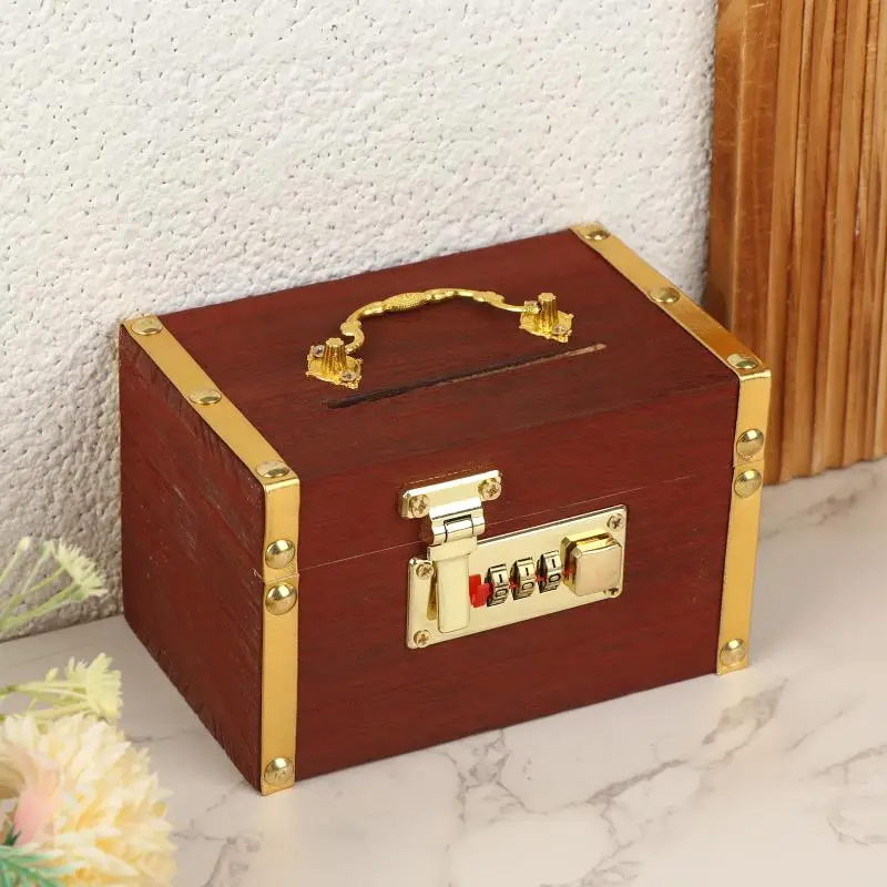 New Wooden Combination Lock Piggy Bank Adult Treasure Box Savings Box Decorative Secure Lock Home Storage Gadget Safe Anti-Theft