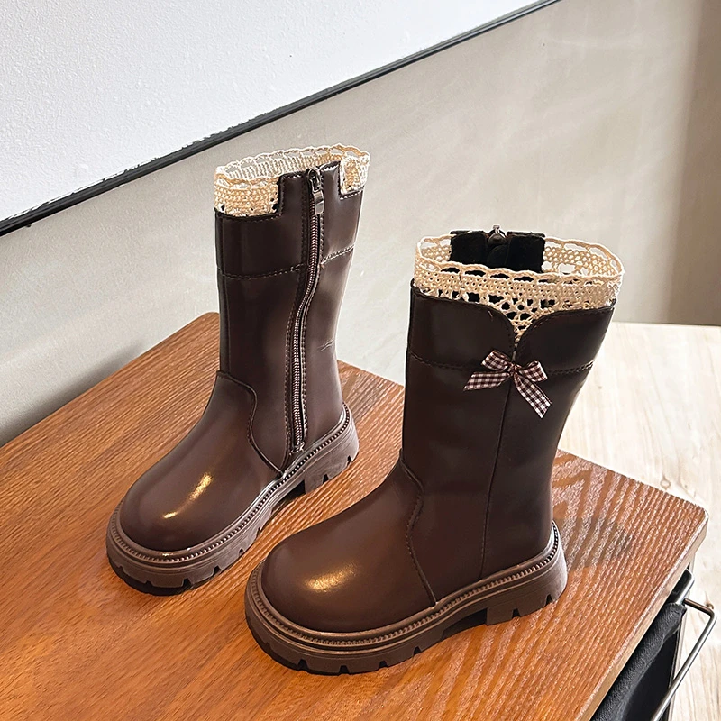 Girls Mid-calf Boots Korean Style Versatile Kids Leather Boots Sweet Lace 2026 Autumn Winter Children Princess Boots Side Zipper