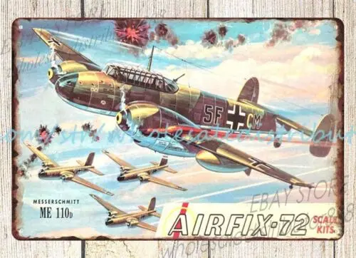 Модель самолета Airfix-72 Messerschmitt Me, металлическая жестяная вывеска, старая стена гаража