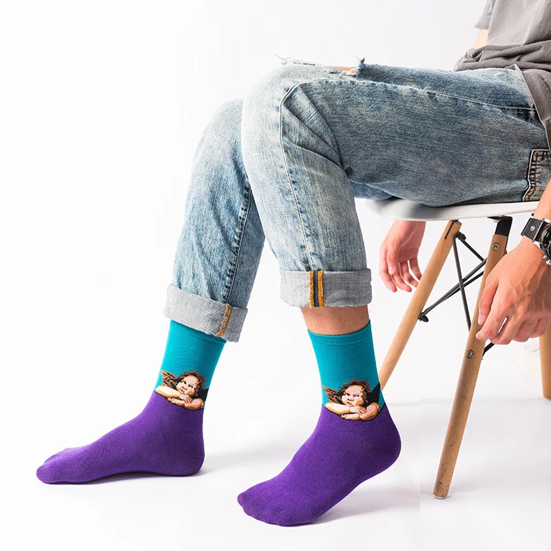 Chaussettes à tube moyen en coton pour hommes et femmes, peinture à l'huile, tendance européenne et américaine, automne et hiver