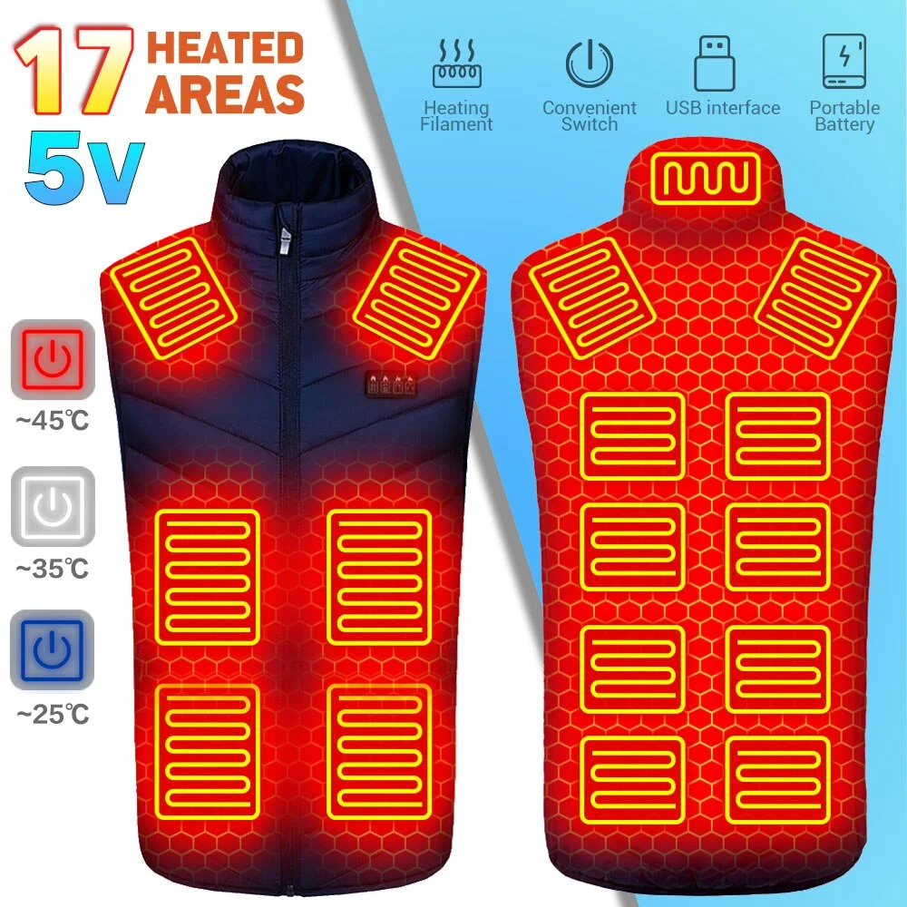 

Men USB Infrared 17 Heating Areas Vest Jacket Winter Electric Heated Vest Thermal Clothing Hunting Vest Hiking Oversized 6XL