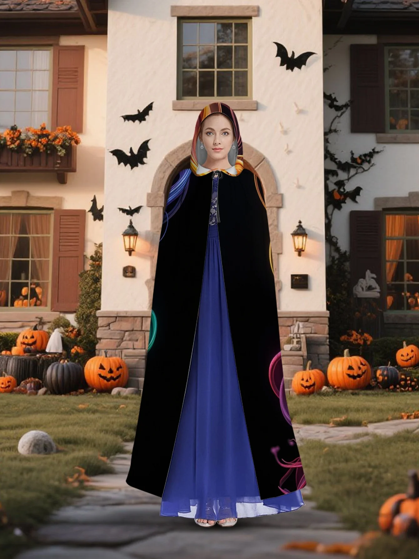 Selection 2D Flat Printing Elegant Hooded Cape with Swirls in Colorful Suitable for Thanksgiving Home Party Halloween