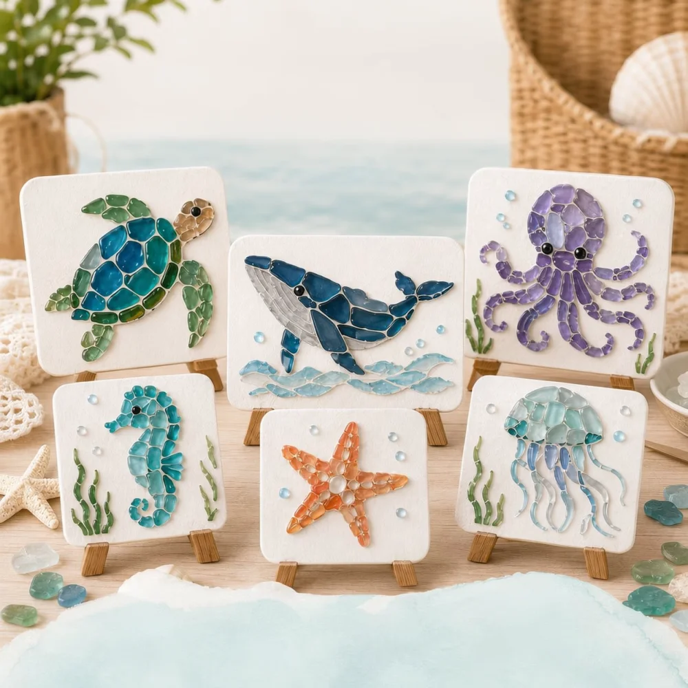 DIY Sea Glass Art Set Creative Ocean Creature Crafting Kit Handmade Wooden Wall Decoration Picture Project Gifts