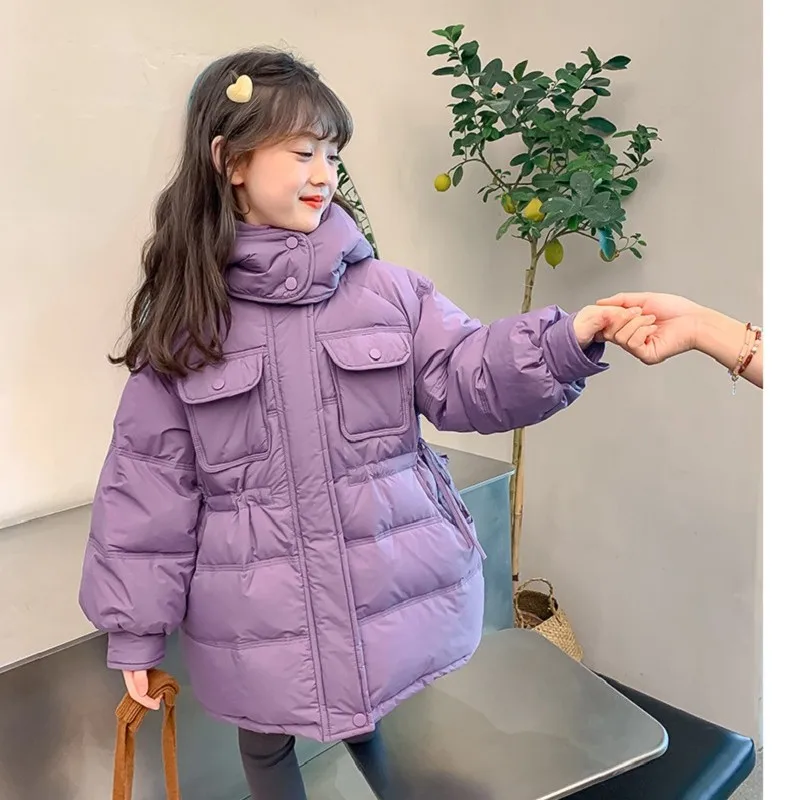 Winter Warm Girls Cotton Long Plain Hooded Zip Drawstring Puff Jackets School Kids Thick Coats Child Outfits Windbreaker 5-16 Yr