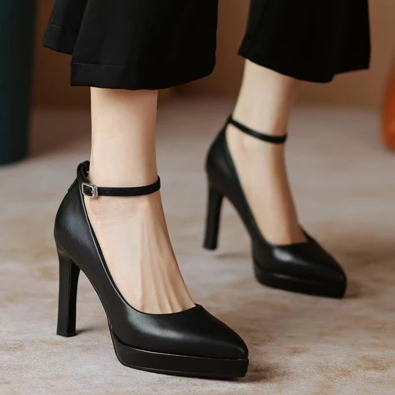 2023 Spring and Autumn Season New Fashion Pointed Shallow Mouth One Line Buckle Solid Color Women\'s Mary Jane Single Shoes