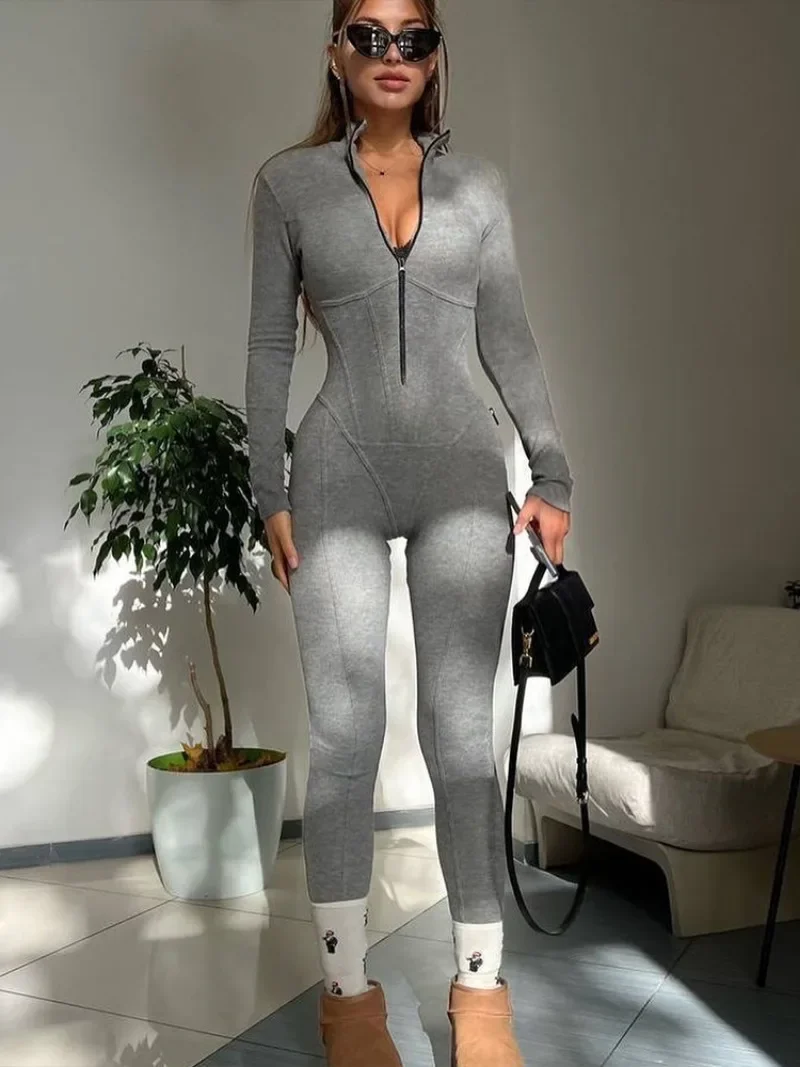 Women Long Sleeve Zipper Jumpsuits 2024 Autumn Winter High Waist Skinny Corset Overalls Female Fitness Sports Yoga Bodysuits