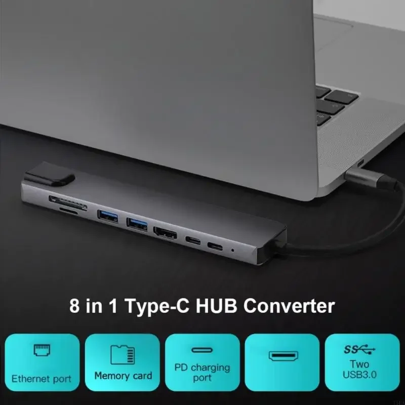 8 in 1 Multiport Adapter with Gigabit Ethernet USB Port Type-C Port Card Reader Type-C Hub Dongle Docking Station