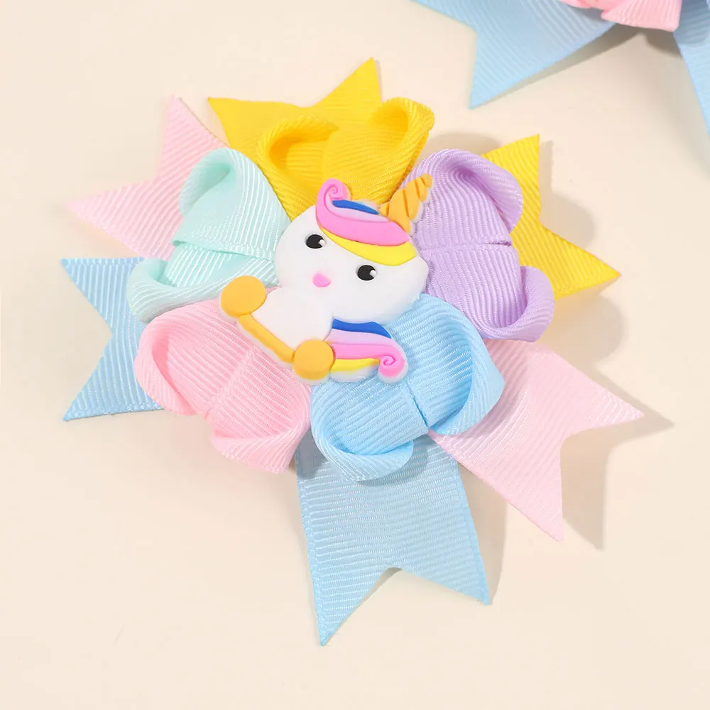 2PCS Lucky Unicorn hair clip For Litter Girls Colorful Ribbon Flower Hairpin Handmade Children Headwear Kids Hair Accessories