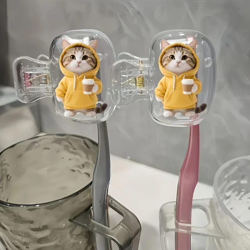 2pcs Tabby Cat Wearing Yellow Sweatshirt Holding Coffee Portable Toothbrush Case Worry-free Companion for Home and Business Trip