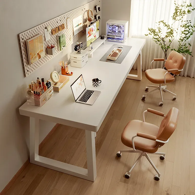 Simple White Double Computer Desk Long Study Desk Workbench Writing Desk for Home Bedroom Office Student