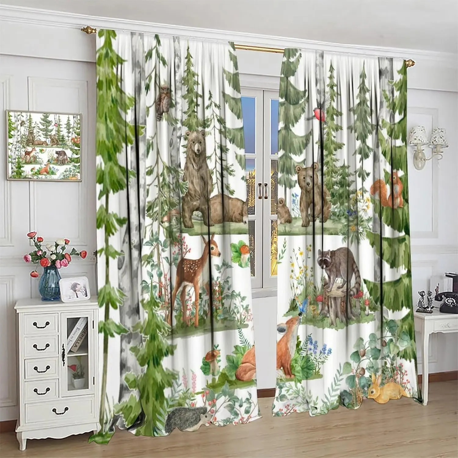 

Шторы с лесными животными для детей, акварельные дикие животные, медведь, лиса, олень, детские зеленые лесные деревья, оконные украшения для детской комнаты