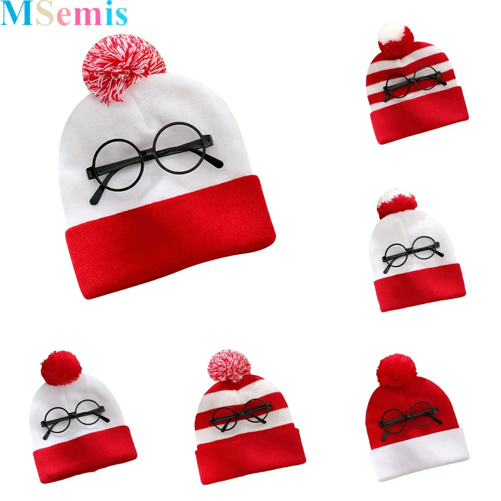 

Christmas Knitted Plush Ball Hat And Glasses Frame for Adults Santa Knitted Beanie Hat for Women Men Party