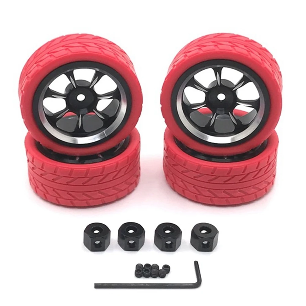 65mm Metal Wheel Rim Tire Tyre with 12mm Adapter for WPL C14 C24 MN D90 MN98 MN99S MN-90 RC Car Upgrade Parts,Red