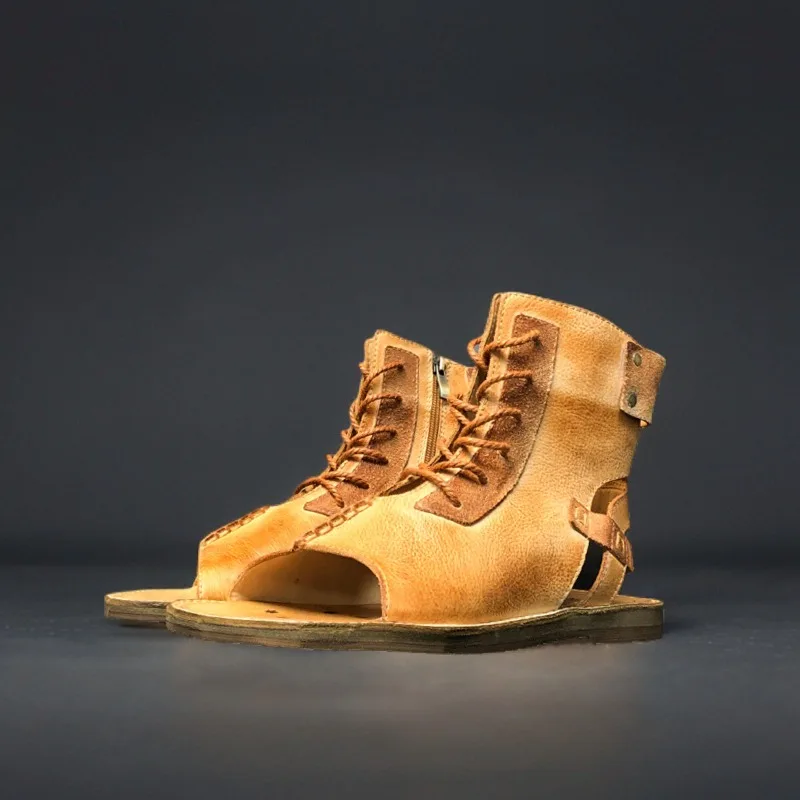 Handmade American Retro Style Genuine Leather Roman Sandals Men's Shoes High Top Lace Up Open Toe Outdoor Cowhide Sandals Male
