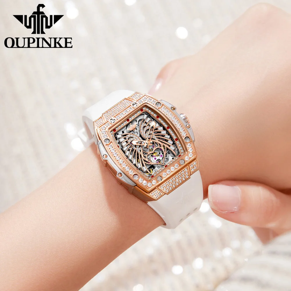 OUPINKE 3225 Luxury Hollow Women Mechanical Watch Top Brand Diamond Waterproof Watch Silicone Strap Women Automatic Watch Set