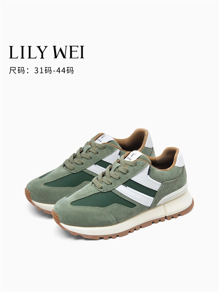 

Spring new leather suede stitching thick sole couple lace-up German training shoes casual large size small size flat women shoes