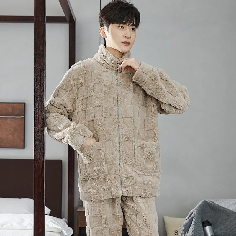 Men\'s New Autumn Winter Stand Collar Zipper Thick Long Sleeve Coral Velvet Home Suit Lovers Pajamas Comfortable Men Sleepwear