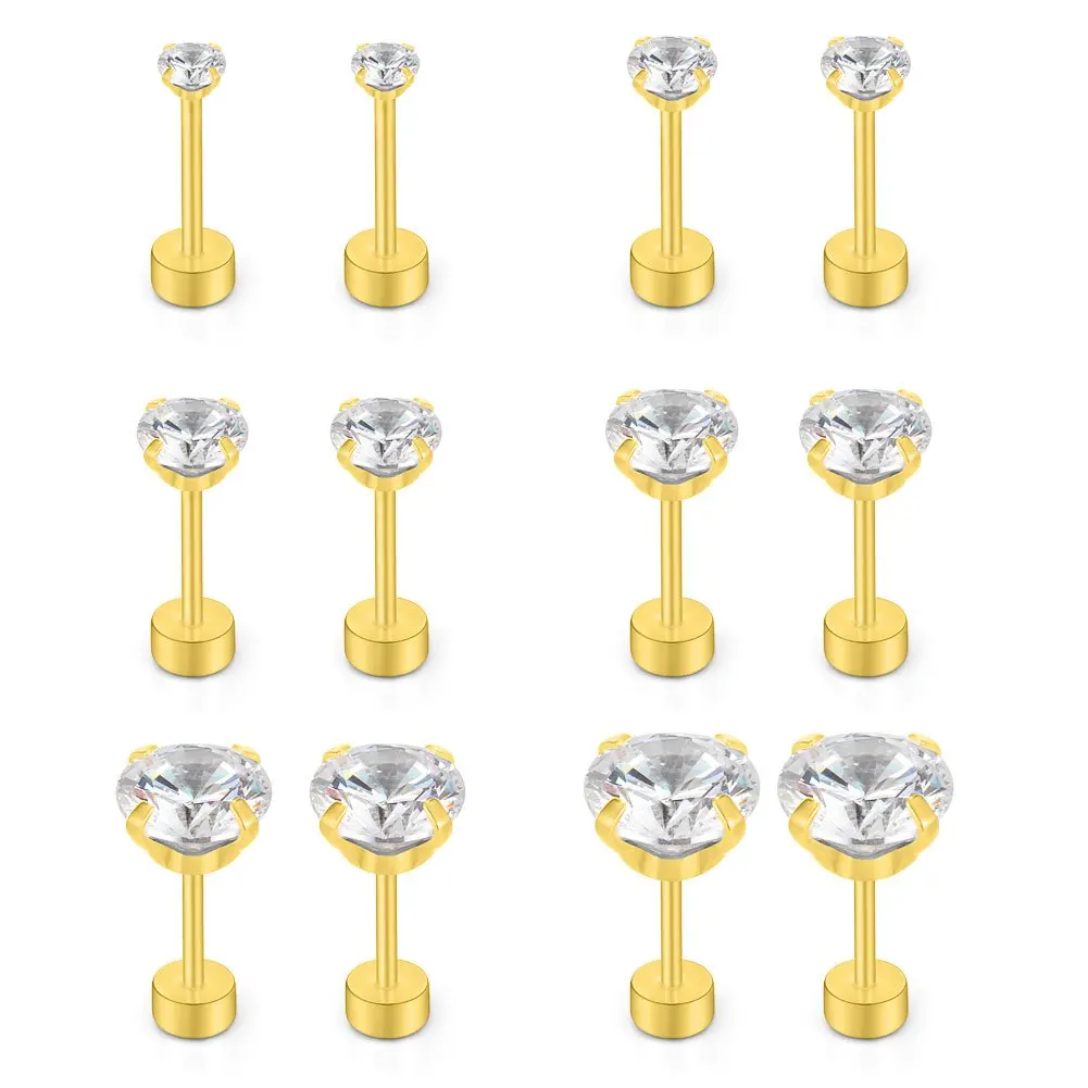 

6 Pairs 18G Stainless Steel Clear Cubic Zirconia Cartilage Tragus Helix Barbell Stud Earrings Men Women Piercing Jewelry 3-8mm
