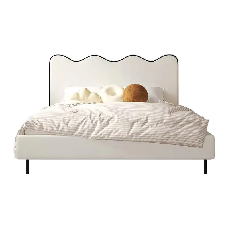

Modern simple master bedroom double storage bed beige velvet French cream wind ribbon wave second bedroom single bed