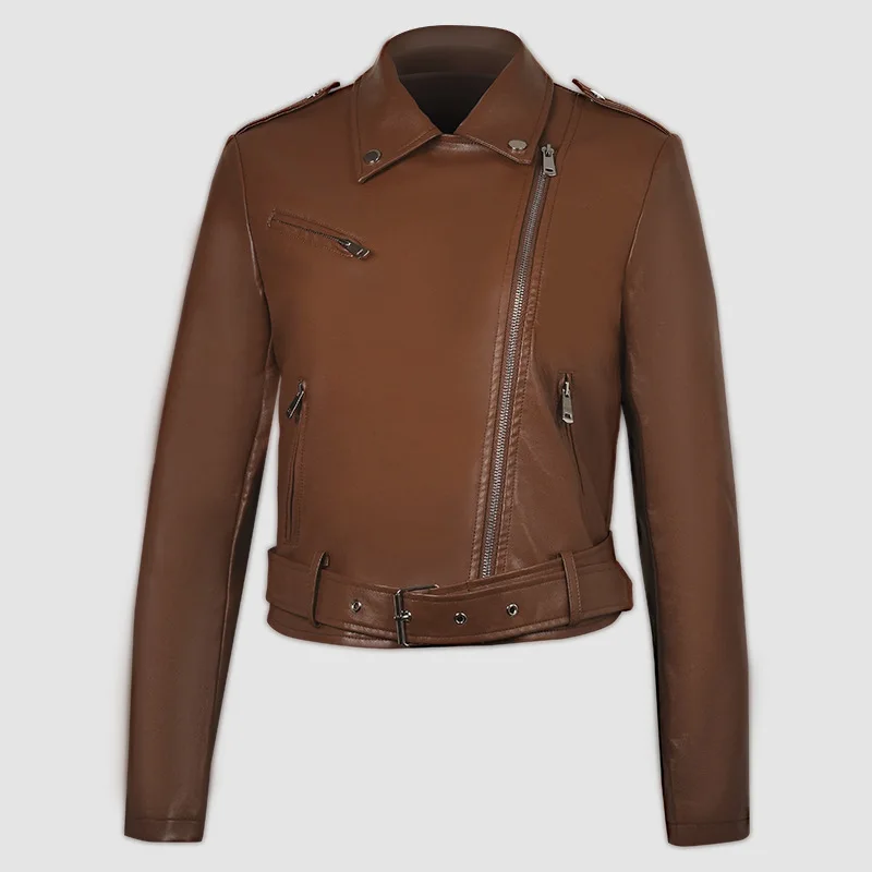 

European American Turn-down Collar Short Leather Jacket With Belt Women's PU Leather Simple New Spicl Girl Style Motorcycle Coat