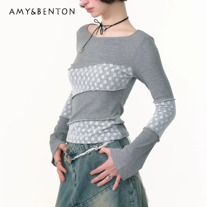 

2025 Autumn New Diagonal Striped Splicing Lace Women's Bottoming Shirt Retro Design Slimming Knitted Long Sleeve T-Shirt Ladiies