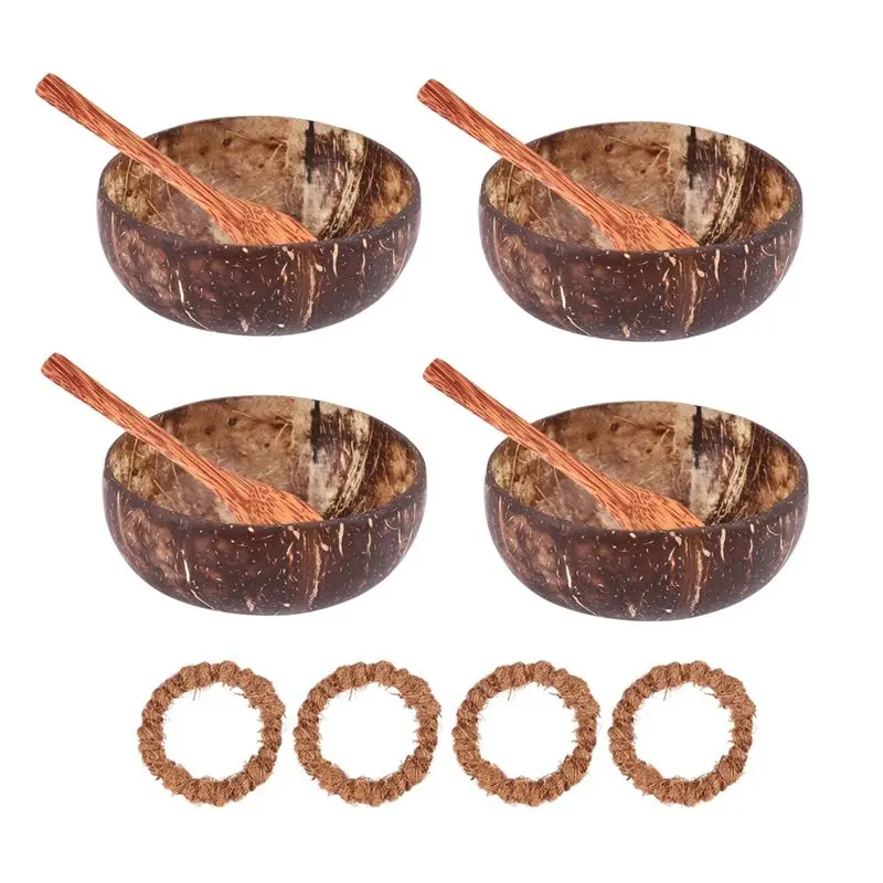VEHO-1 Set Of Natural Coconut Shell Bowls With Spoon And Stand Suitable For Ice Cream, Desserts, Rice, Snacks, Nuts