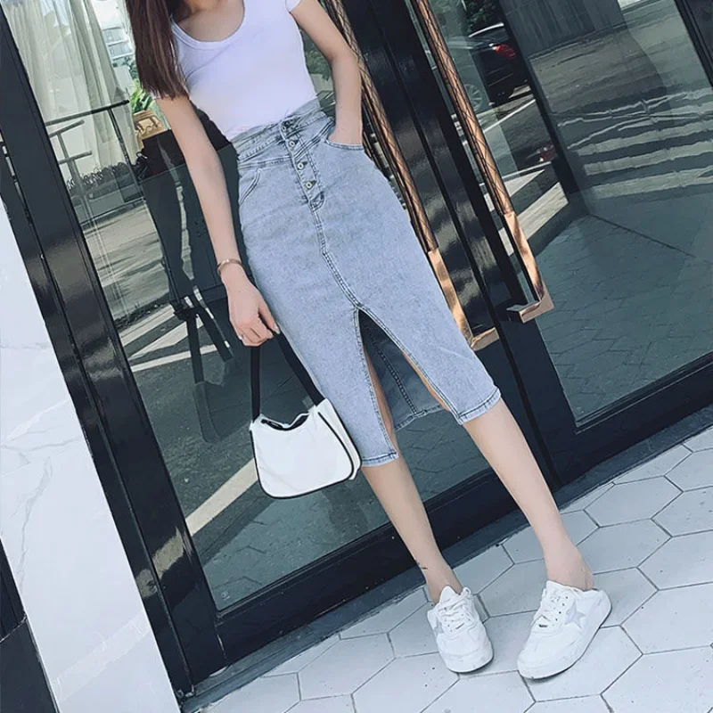 High Waist Denim Skirts for Women with Slit Wrap Jeans Tight To Knees Length Clothing Sexy Midi Womens Skirt Harajuku Quality V