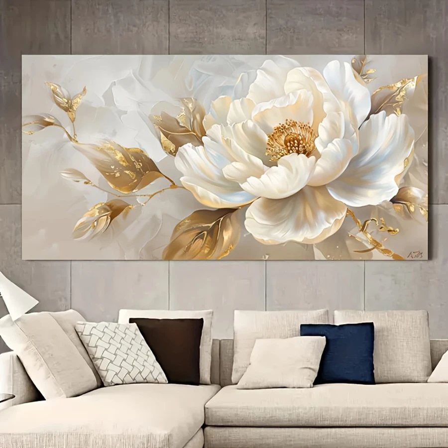 Elegant Modern Abstract Camellia Canvas Wall Art Posters, Frameless Botanical White Flower and Gold Leaf Painting, Perfect for E