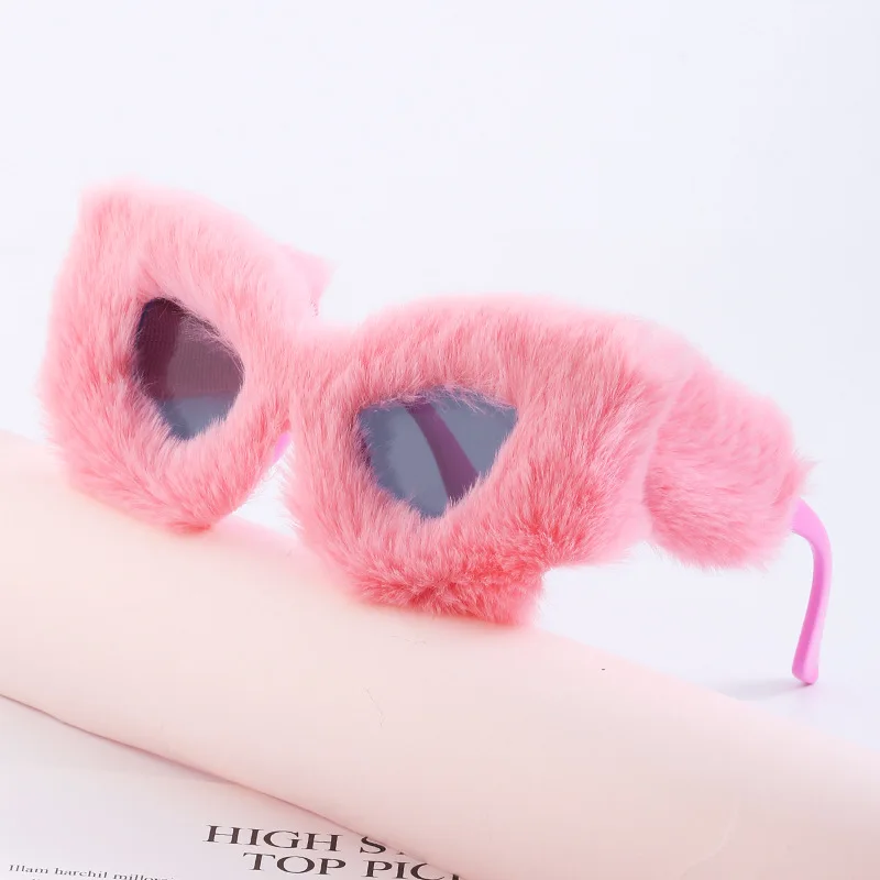 Hip Hop Fluffy Cat Eye Sun Glasses Female Vintage Party Eyewear Winter Cute Plush Sunscreen Sunglasses Funny Cosplay Eyeglasses