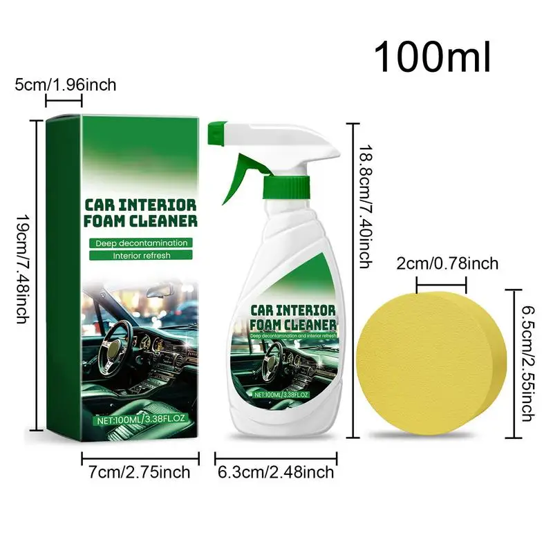 Spray limpiador de burbujas para Interior de coche, 100ml, fórmula suave efectiva con esponja