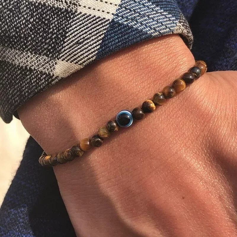 Boho Tiger Eye Beaded Bracelet for Men Turkish Evil Eye Elastic Blue White Beads Bracelet Fashion Travel Jewelry Gifts