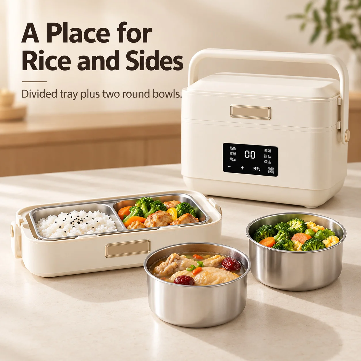Electric Lunch Box with 1.4L Capacity, Divided Tray and Digital Controls for Office Meals, Two Tier Steam Cooker and Food Warmer