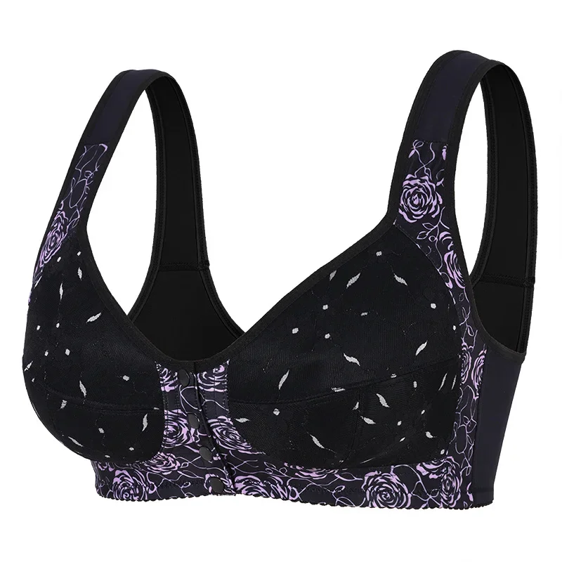Big Bust Ladies Front Open Wireless Bra Classic Floral Lace Pattern Wide Strap Stable Support Soft Breathable Everyday Brassiere