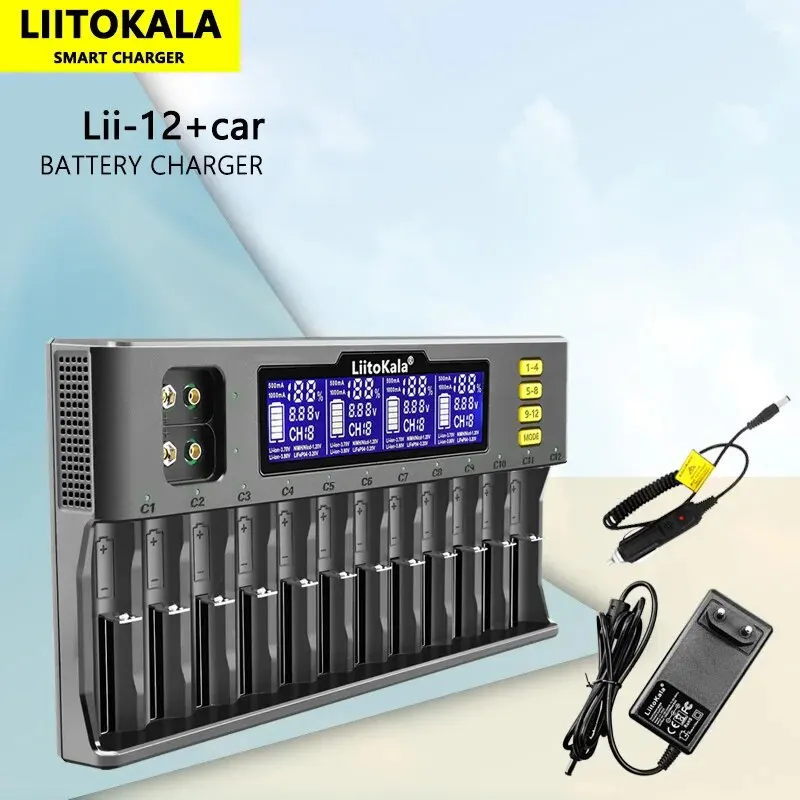 LiitoKala Lii-S12 12-gniazdowa ładowarka LCD do LiFePO4 Ni-MH Ni-Cd 9V 21700 20700 26650 18650 16340 18350 RCR123 18700