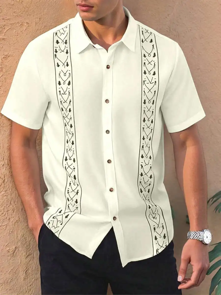 

Мужская рубашка Off-White с коротким рукавом, на пуговицах, с вставками с этническим принтом