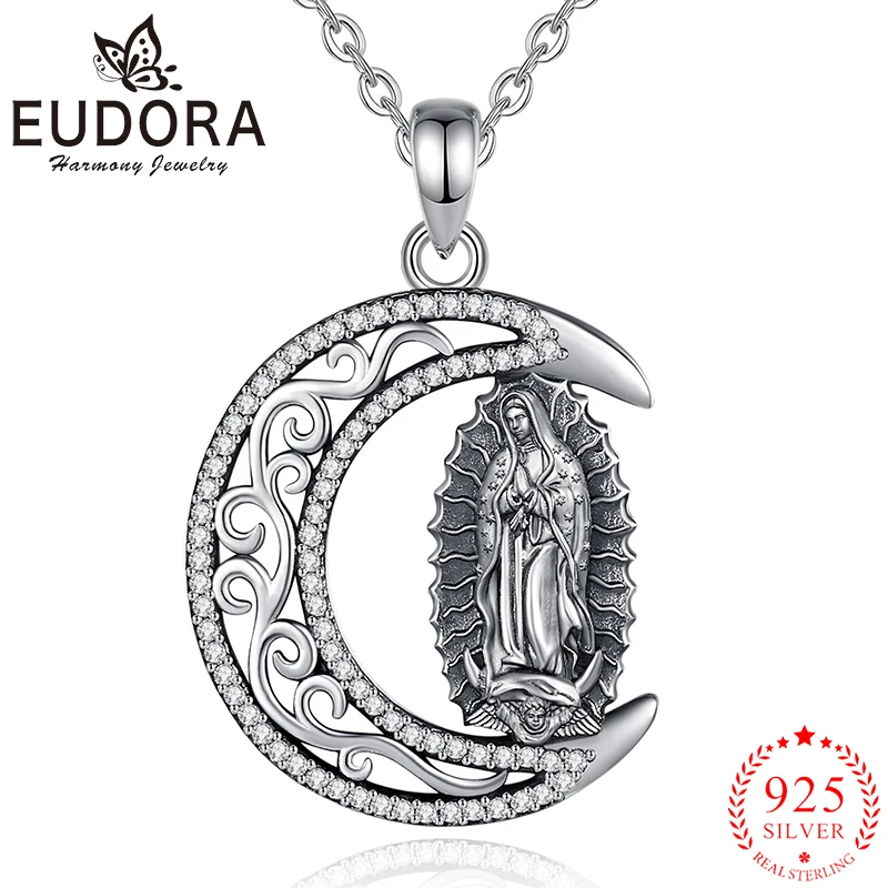 

Eudora 925 Sterling Silver Virgin Mary Necklace Mother of God Medallion Pendant Moon Amulet Religious Jewelry Gift for unise