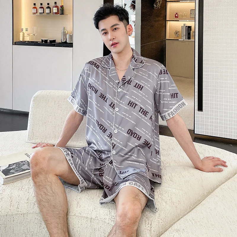 2024 Summer New Arrival Pajamas Men's Thin Ice Silk Short-Sleeved Shorts Simple Style Suit Plus Size Casual Home Clothes