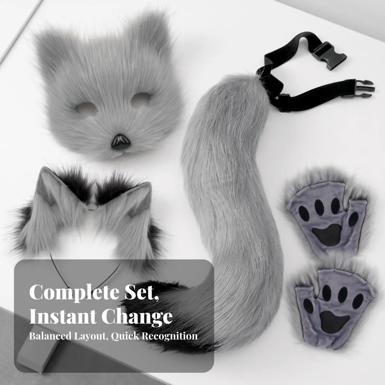 4 Pieces Vulpine Ears and Tail Set with Mask Artisanal Vulpine Costume with Tail and Mask Realistic Adjustable for Cosplayers