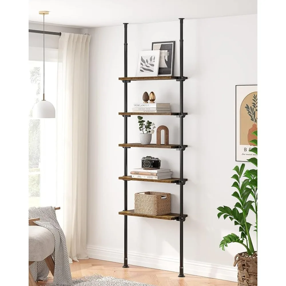 5 Tiers Bookshelf Tall Adjustable Ladder Book Shelf with Open Storage Floor To Ceiling Tension Mount Wooden Industrial Bookcase